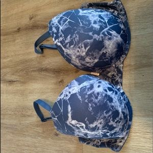 Pink bra blue and white tie dye print.